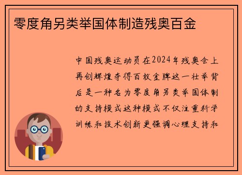 零度角另类举国体制造残奥百金