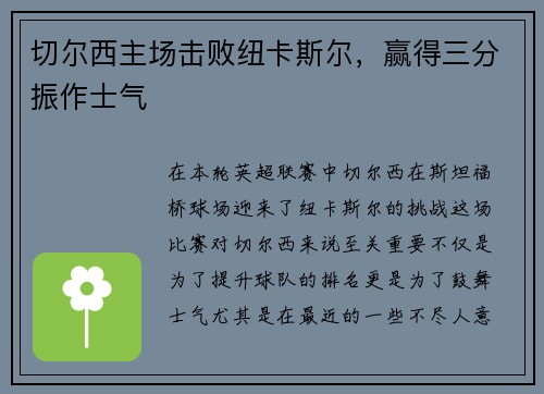 切尔西主场击败纽卡斯尔，赢得三分振作士气