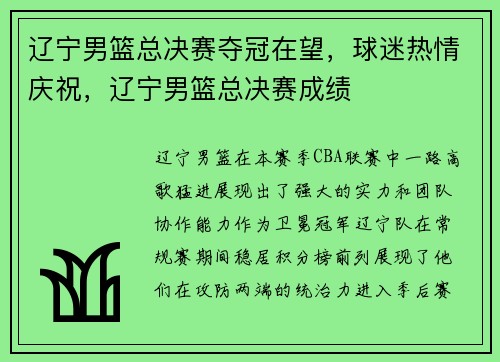 辽宁男篮总决赛夺冠在望，球迷热情庆祝，辽宁男篮总决赛成绩