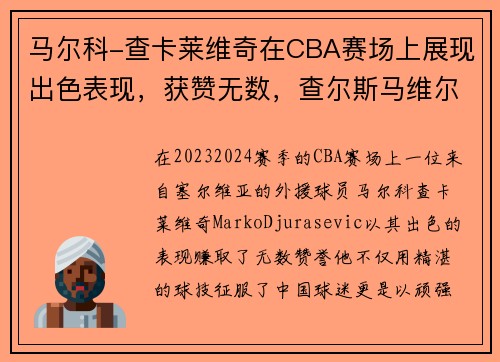 马尔科-查卡莱维奇在CBA赛场上展现出色表现，获赞无数，查尔斯马维尔摄影作品