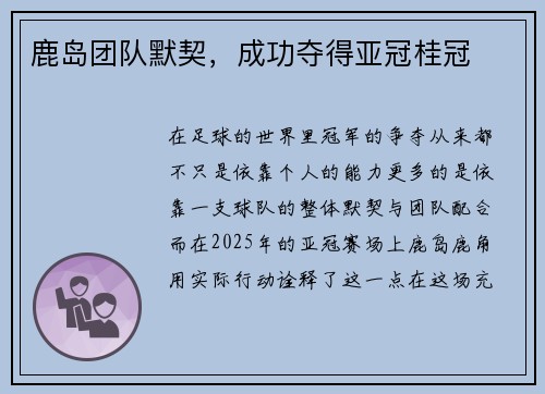 鹿岛团队默契，成功夺得亚冠桂冠