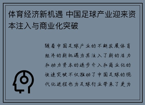 体育经济新机遇 中国足球产业迎来资本注入与商业化突破