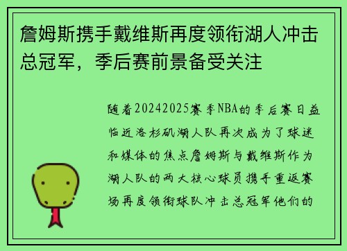 詹姆斯携手戴维斯再度领衔湖人冲击总冠军，季后赛前景备受关注