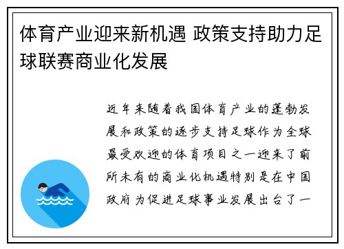 体育产业迎来新机遇 政策支持助力足球联赛商业化发展