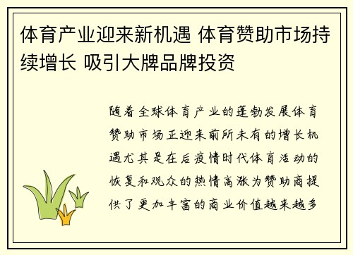 体育产业迎来新机遇 体育赞助市场持续增长 吸引大牌品牌投资
