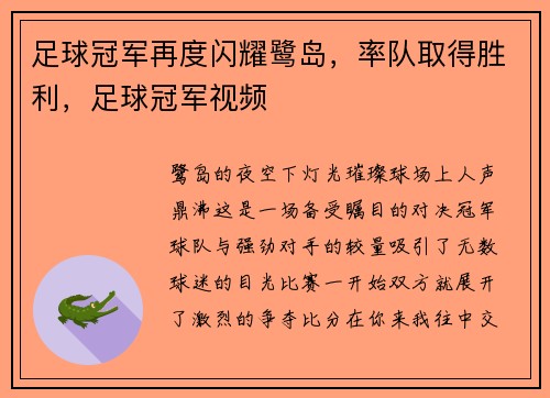 足球冠军再度闪耀鹭岛，率队取得胜利，足球冠军视频