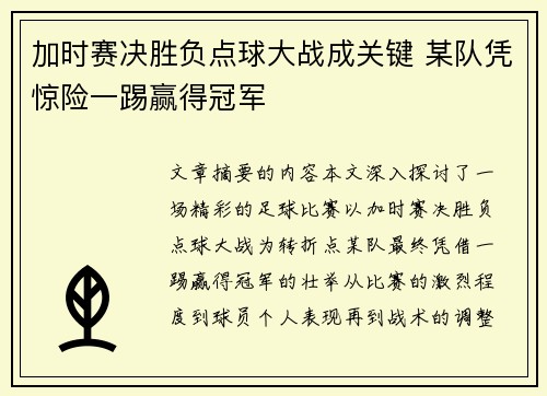 加时赛决胜负点球大战成关键 某队凭惊险一踢赢得冠军